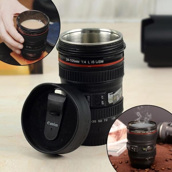 Plastic Camera Lens Shaped Coffee Mug with Lid Camera Cup, Black | Stainless Steel Interior | Easy to Carry | Pack of 1 - Image 5