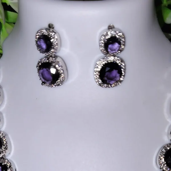 Purple Beautiful AD Necklace Set Silver Plated Green American Diamond Studded Best Suits for Party, Wedding and Festive Occasions - Image 4