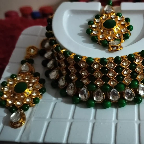 Choker Necklace with Maang Tikka Earrings Indian Traditional Bridal Wedding Jewellery For Women/Girls - Image 3