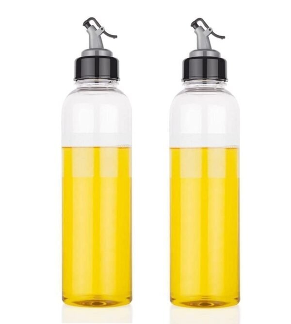 1000 ml Oil Dispenser and Pourer with Measurement, Transparent with Lock Oil Nozzle Lid, Leakproof, Spill Proof, Big Bottleneck Easy Refill (1 liter, Set of 2)
