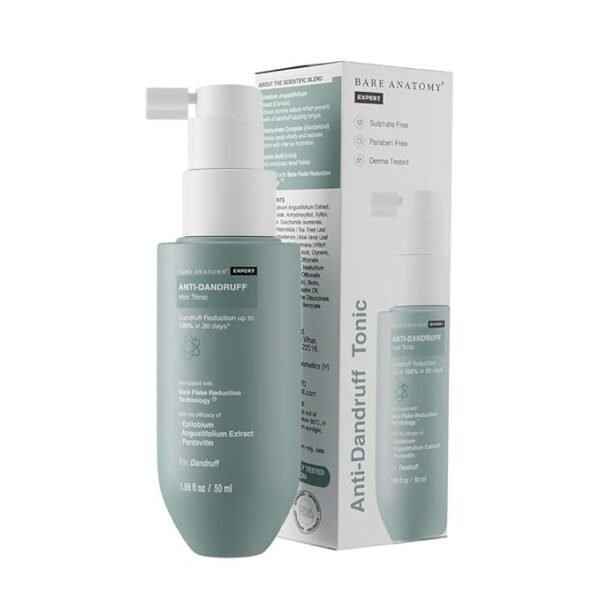 Bare Anatomy Anti Dandruff Hair Tonic | Dandruff Reduction Upto 100% in 30 Days | Lotion with Aloevera & Tea Tree Extracts | Scalp Sebum Reduction by 90% In 15 Days | Sulphate & Paraben Free | 50ml