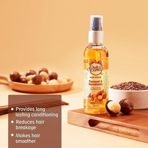 Buds & Berries Flaxseed and Macadamia Hair Serum for Conditioned Hair (100 ml) - Image 3