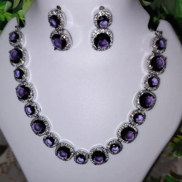 Purple Beautiful AD Necklace Set Silver Plated Green American Diamond Studded Best Suits for Party, Wedding and Festive Occasions