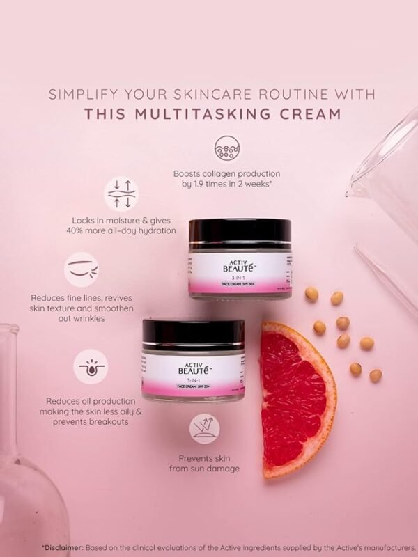 ACTIV BEAUTé 3-in-1 Face Cream with SPF 30 + with Hyaluronic Acid, Soyabean & Grapefruit Extracts and Vitamin A & E, Hydrates Dry & Dull Skin and Smoothens Out Fine Lines & Wrinkles for All Skin Types, 25g - Image 4
