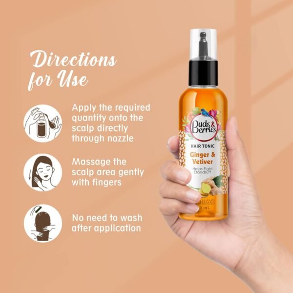 Buds & Berries Ginger and Vetiver Anti-Dandruff Hair Tonic | Soothes Scalp, Fights Dandruff Flakes | 100ml | Toxin Free | Natural Solution for Healthy Dandruff-Free - Image 4