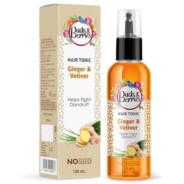Buds & Berries Ginger and Vetiver Anti-Dandruff Hair Tonic | Soothes Scalp, Fights Dandruff Flakes | 100ml | Toxin Free | Natural Solution for Healthy Dandruff-Free