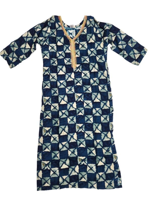 Beautiful Blue print kurti with golden Lace work (kurta only) - Image 4