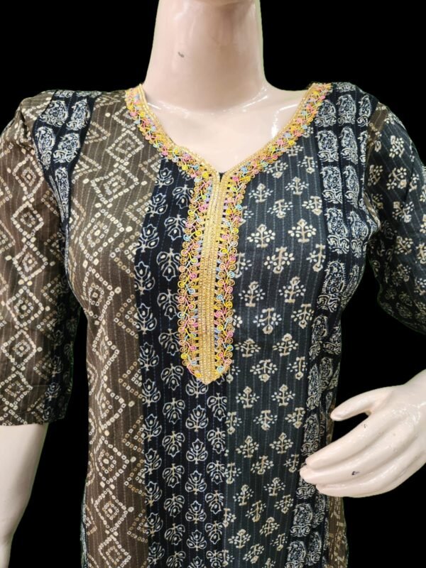 Beautiful kurti multiple green shade with jaipuri bandhej print with golden Lace work (kurta only) - Image 5