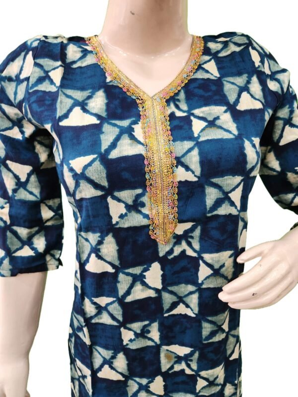 Beautiful Blue print kurti with golden Lace work (kurta only) - Image 2