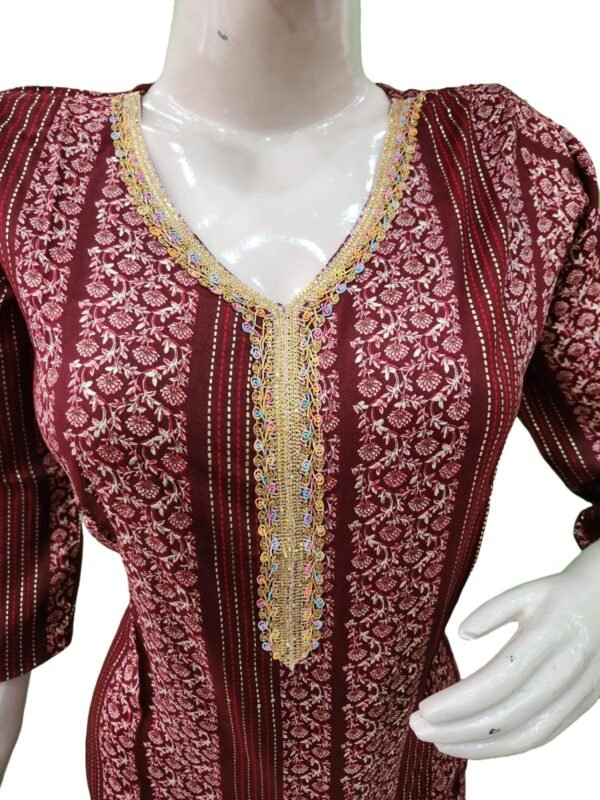 Beautiful mehroon kurti print with golden Lace work (kurta only)