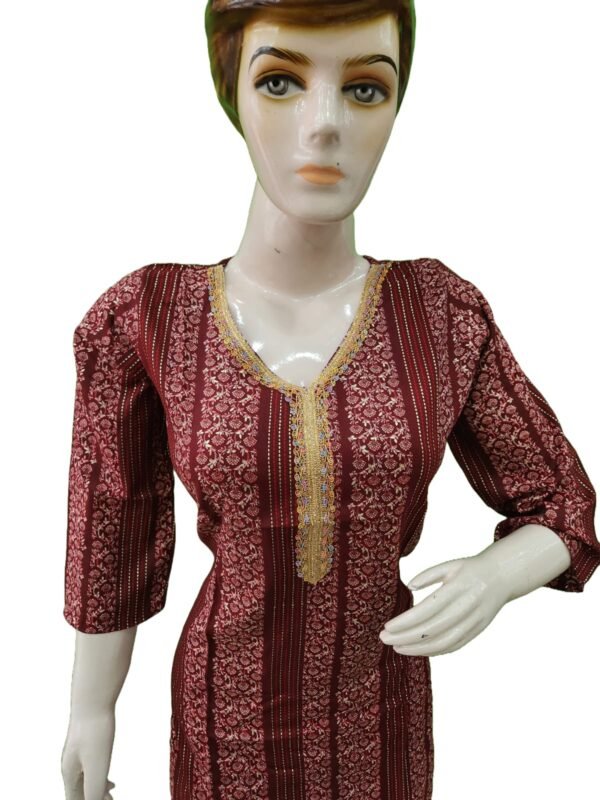 Beautiful mehroon kurti print with golden Lace work (kurta only) - Image 2