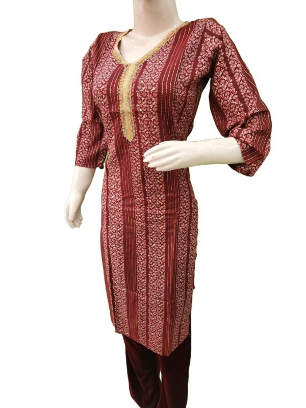 Beautiful mehroon kurti print with golden Lace work (kurta only) - Image 3