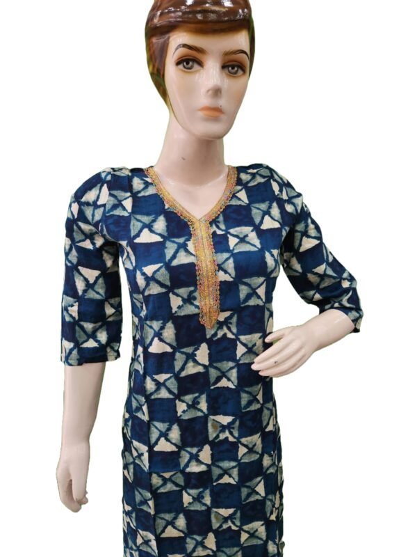 Beautiful Blue print kurti with golden Lace work (kurta only)