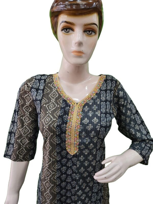 Beautiful kurti multiple green shade with jaipuri bandhej print with golden Lace work (kurta only) - Image 3