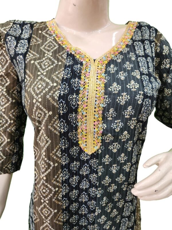 Beautiful kurti multiple green shade with jaipuri bandhej print with golden Lace work (kurta only)