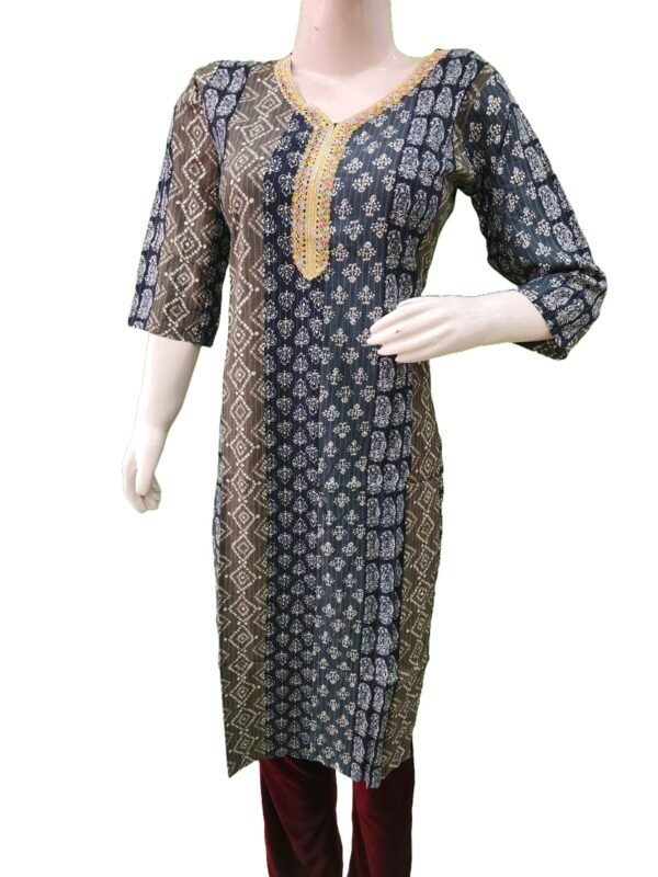 Beautiful kurti multiple green shade with jaipuri bandhej print with golden Lace work (kurta only) - Image 2