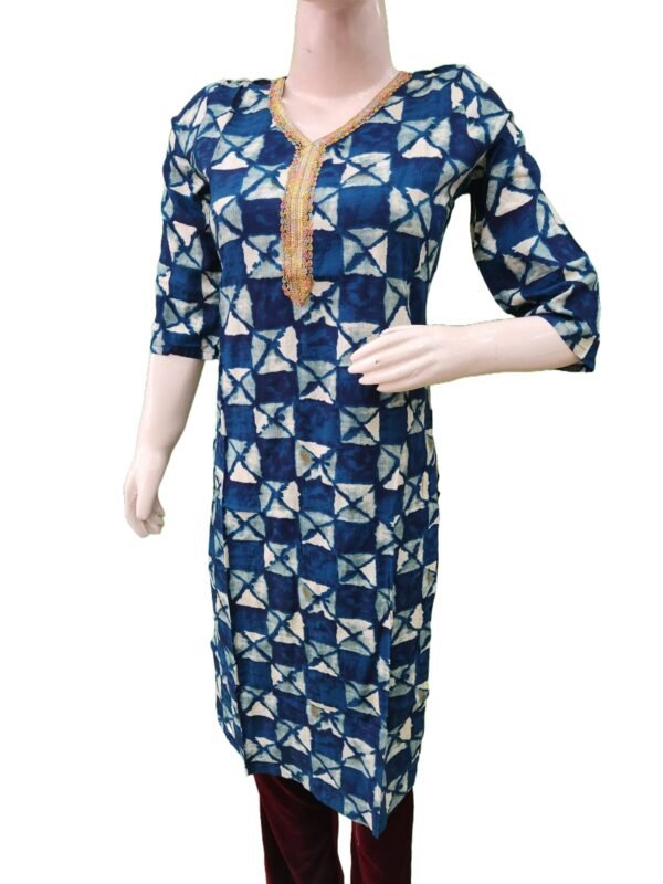 Beautiful Blue print kurti with golden Lace work (kurta only) - Image 3