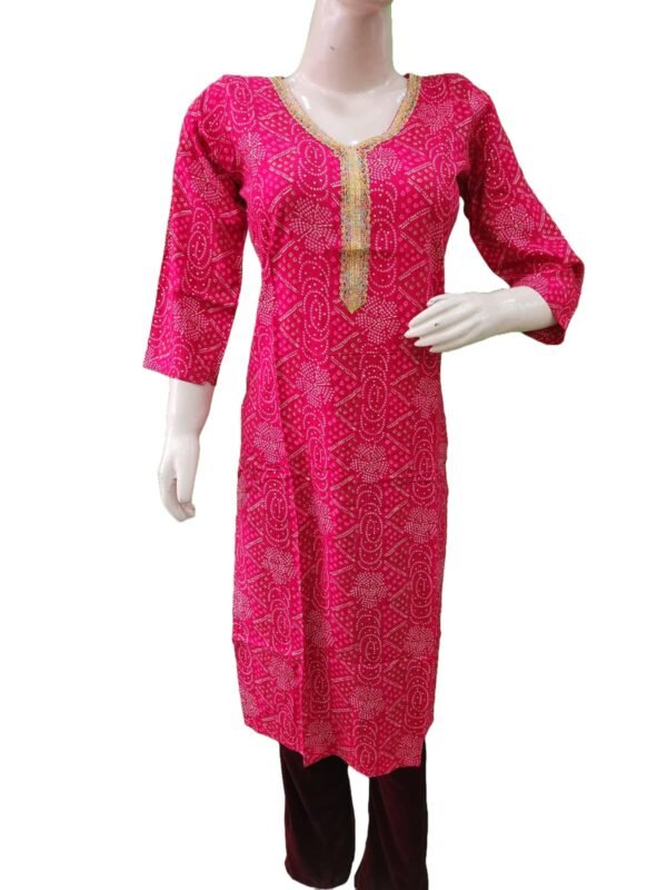 Bandhej design kurti with golden Lace work (kurta only) - Image 3