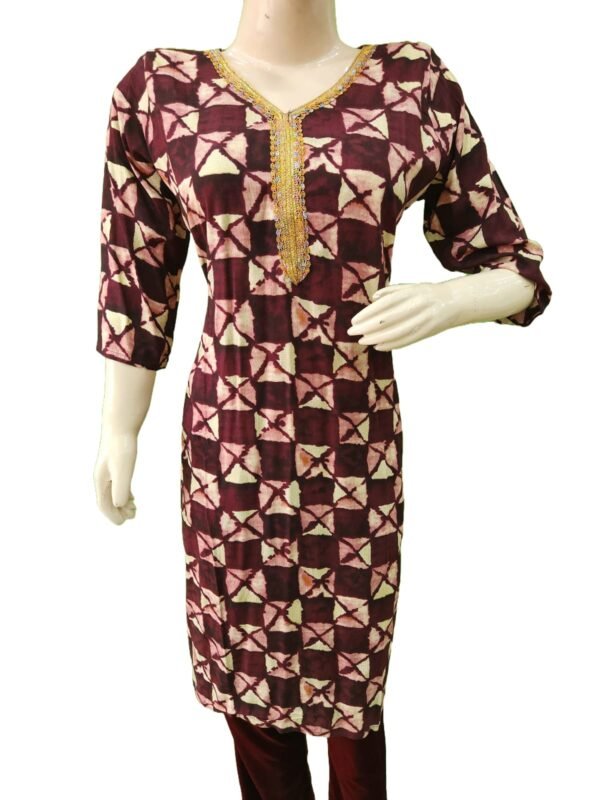 Beautiful print kurti with golden Lace work (kurta only) - Image 2