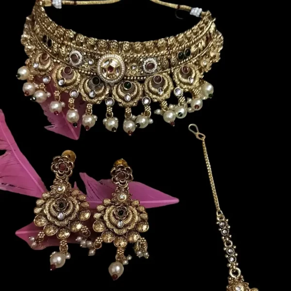 Copper Necklace Set With Maangtika , jewellery,choker,necklace,jewellery set,indian wedding jewellery set,Maangalyam/Murukku,south,indian ,highquality set for women girls