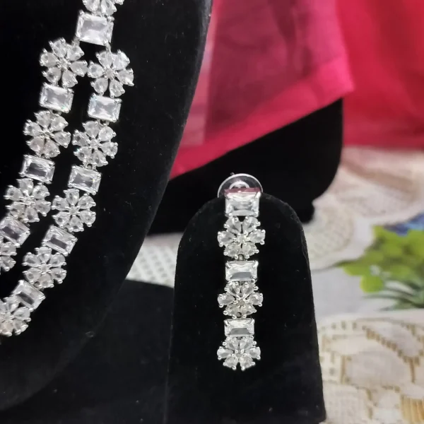 Rhodium Plated Silver Toned White American Diamond Studded Necklace With Earring Jewellery Set For Woment and Girl Best Suits for Party, Wedding and Festive Occasions - Image 2