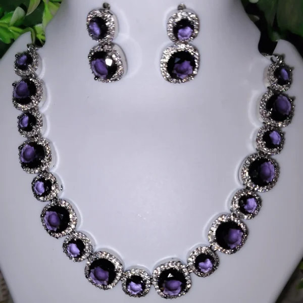 Purple Beautiful AD Necklace Set Silver Plated Green American Diamond Studded Best Suits for Party, Wedding and Festive Occasions - Image 2