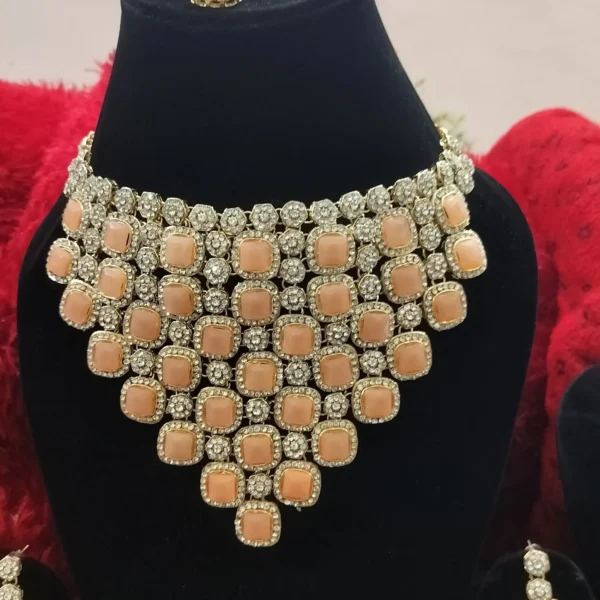 Beautiful Necklace Set , Pair of earring & Mangteeka (Peach Color) - Image 2