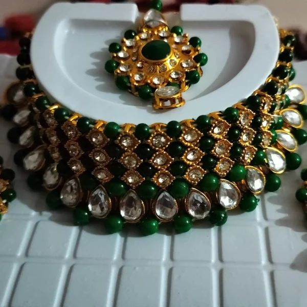 Choker Necklace with Maang Tikka Earrings Indian Traditional Bridal Wedding Jewellery For Women/Girls - Image 2