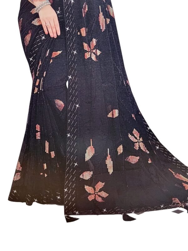 Soft Georgette Fancy sparkly Flower work with Embroidery on Border ,Saree With Satin Banglori Silk Unstitched Blouse Piece | Heavy Viscose Thread Work With Readymade stone Lace Fitting (Pack of one) - Image 5