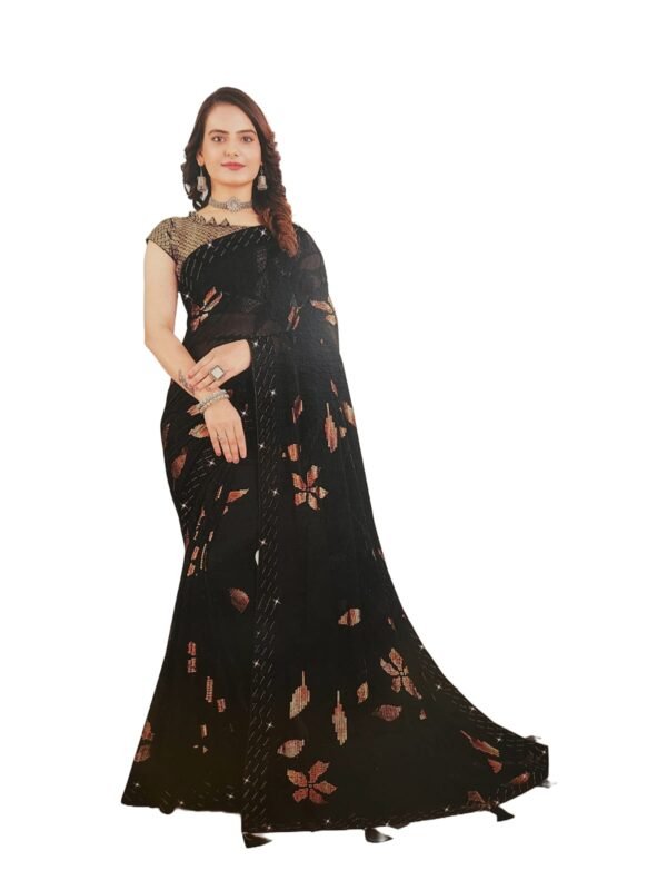 Soft Georgette Fancy sparkly Flower work with Embroidery on Border ,Saree With Satin Banglori Silk Unstitched Blouse Piece | Heavy Viscose Thread Work With Readymade stone Lace Fitting (Pack of one)