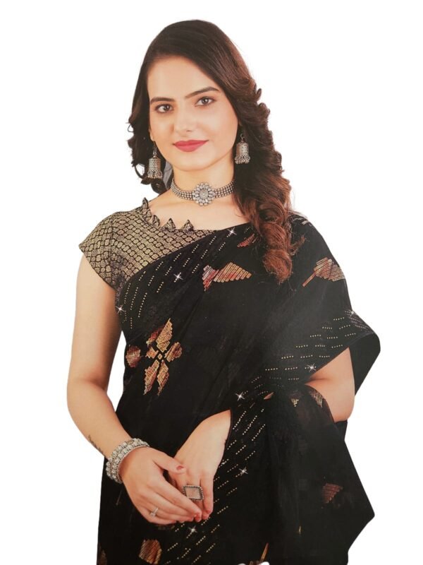 Soft Georgette Fancy sparkly Flower work with Embroidery on Border ,Saree With Satin Banglori Silk Unstitched Blouse Piece | Heavy Viscose Thread Work With Readymade stone Lace Fitting (Pack of one) - Image 2