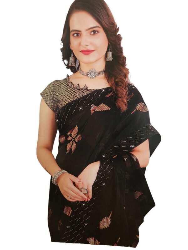 Soft Georgette Fancy sparkly Flower work with Embroidery on Border ,Saree With Satin Banglori Silk Unstitched Blouse Piece | Heavy Viscose Thread Work With Readymade stone Lace Fitting (Pack of one) - Image 4