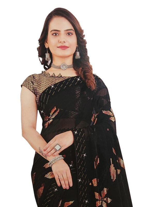 Soft Georgette Fancy sparkly Flower work with Embroidery on Border ,Saree With Satin Banglori Silk Unstitched Blouse Piece | Heavy Viscose Thread Work With Readymade stone Lace Fitting (Pack of one) - Image 3