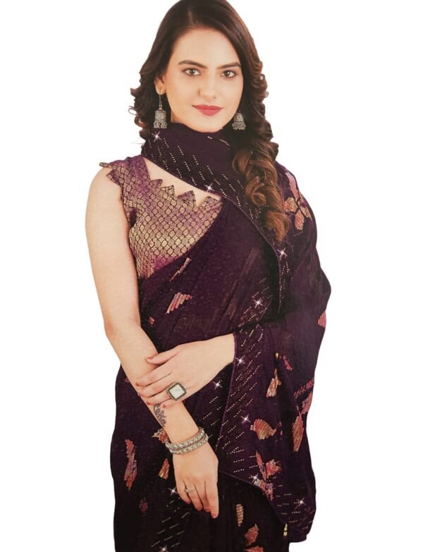 Soft Georgette Fancy sparkly Flower work with Embroidery on Border ,Saree With Satin Banglori Silk Unstitched Blouse Piece | Heavy Viscose Thread Work With Readymade stone Lace Fitting ,Purple color (Pack of one)