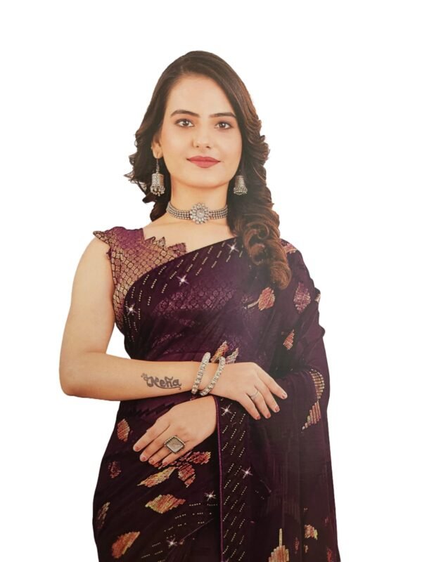 Soft Georgette Fancy sparkly Flower work with Embroidery on Border ,Saree With Satin Banglori Silk Unstitched Blouse Piece | Heavy Viscose Thread Work With Readymade stone Lace Fitting ,Purple color (Pack of one) - Image 5