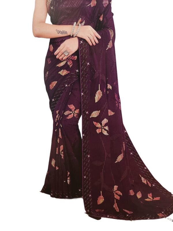 Soft Georgette Fancy sparkly Flower work with Embroidery on Border ,Saree With Satin Banglori Silk Unstitched Blouse Piece | Heavy Viscose Thread Work With Readymade stone Lace Fitting ,Purple color (Pack of one) - Image 6