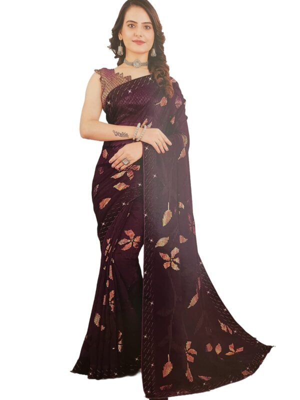 Soft Georgette Fancy sparkly Flower work with Embroidery on Border ,Saree With Satin Banglori Silk Unstitched Blouse Piece | Heavy Viscose Thread Work With Readymade stone Lace Fitting ,Purple color (Pack of one) - Image 3