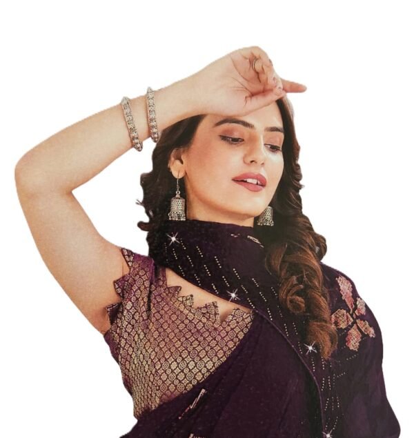 Soft Georgette Fancy sparkly Flower work with Embroidery on Border ,Saree With Satin Banglori Silk Unstitched Blouse Piece | Heavy Viscose Thread Work With Readymade stone Lace Fitting ,Purple color (Pack of one) - Image 2