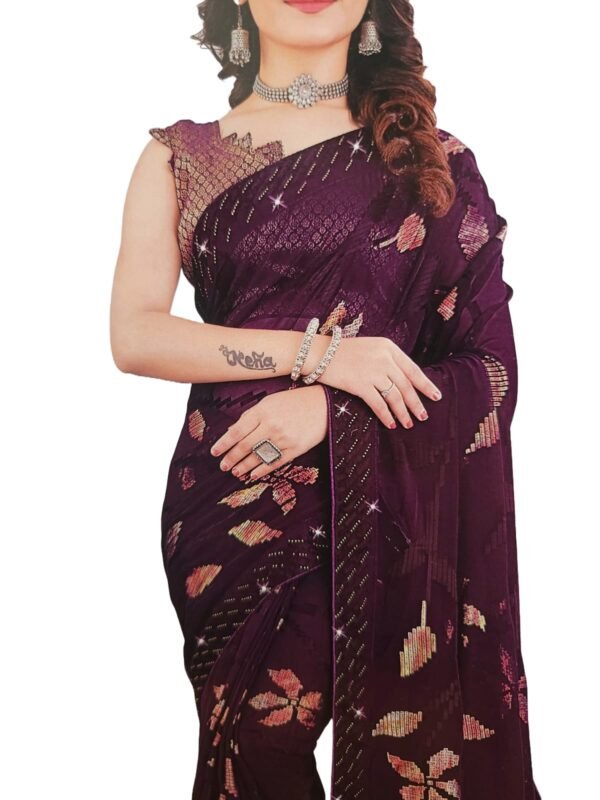 Soft Georgette Fancy sparkly Flower work with Embroidery on Border ,Saree With Satin Banglori Silk Unstitched Blouse Piece | Heavy Viscose Thread Work With Readymade stone Lace Fitting ,Purple color (Pack of one) - Image 4