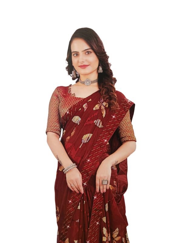 Soft Georgette Fancy sparkly Flower work with Embroidery on Border ,Saree With Satin Banglori Silk Unstitched Blouse Piece | Heavy Viscose Thread Work With Readymade stone Lace Fitting ,Mehroon color (Pack of one) - Image 2