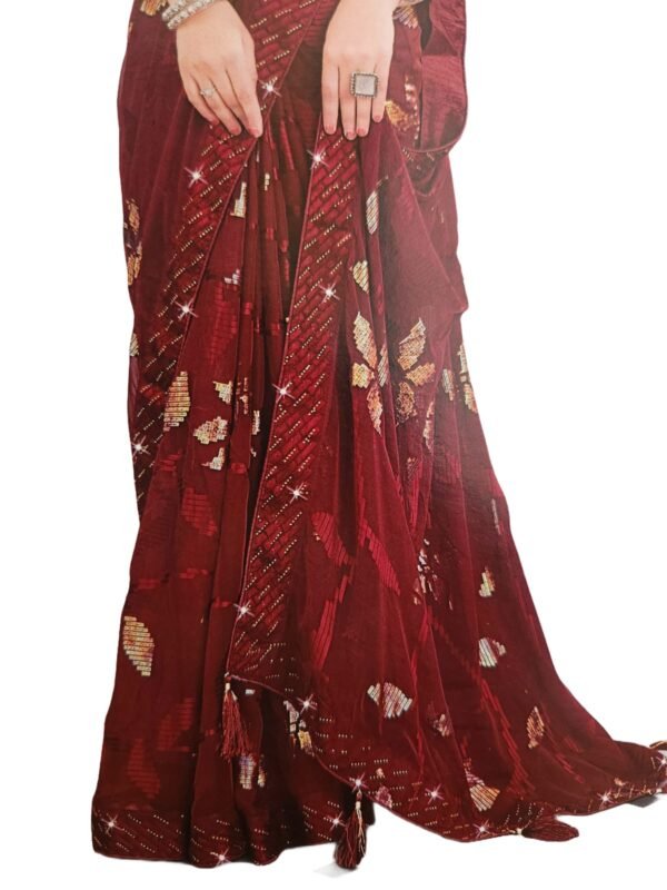 Soft Georgette Fancy sparkly Flower work with Embroidery on Border ,Saree With Satin Banglori Silk Unstitched Blouse Piece | Heavy Viscose Thread Work With Readymade stone Lace Fitting ,Mehroon color (Pack of one) - Image 7