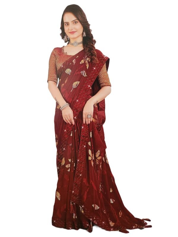 Soft Georgette Fancy sparkly Flower work with Embroidery on Border ,Saree With Satin Banglori Silk Unstitched Blouse Piece | Heavy Viscose Thread Work With Readymade stone Lace Fitting ,Mehroon color (Pack of one) - Image 5