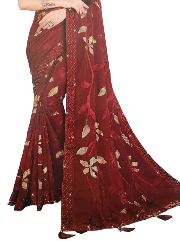 Soft Georgette Fancy sparkly Flower work with Embroidery on Border ,Saree With Satin Banglori Silk Unstitched Blouse Piece | Heavy Viscose Thread Work With Readymade stone Lace Fitting ,Mehroon color (Pack of one) - Image 6