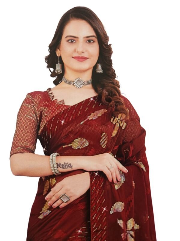 Soft Georgette Fancy sparkly Flower work with Embroidery on Border ,Saree With Satin Banglori Silk Unstitched Blouse Piece | Heavy Viscose Thread Work With Readymade stone Lace Fitting ,Mehroon color (Pack of one) - Image 4