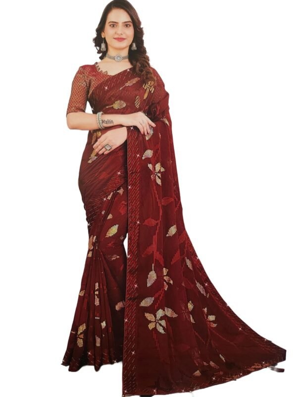 Soft Georgette Fancy sparkly Flower work with Embroidery on Border ,Saree With Satin Banglori Silk Unstitched Blouse Piece | Heavy Viscose Thread Work With Readymade stone Lace Fitting ,Mehroon color (Pack of one)