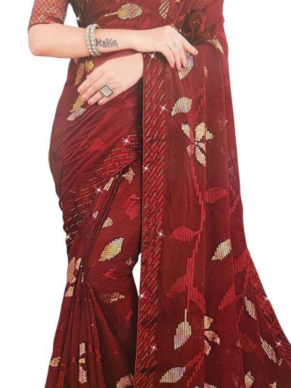 Soft Georgette Fancy sparkly Flower work with Embroidery on Border ,Saree With Satin Banglori Silk Unstitched Blouse Piece | Heavy Viscose Thread Work With Readymade stone Lace Fitting ,Mehroon color (Pack of one) - Image 3