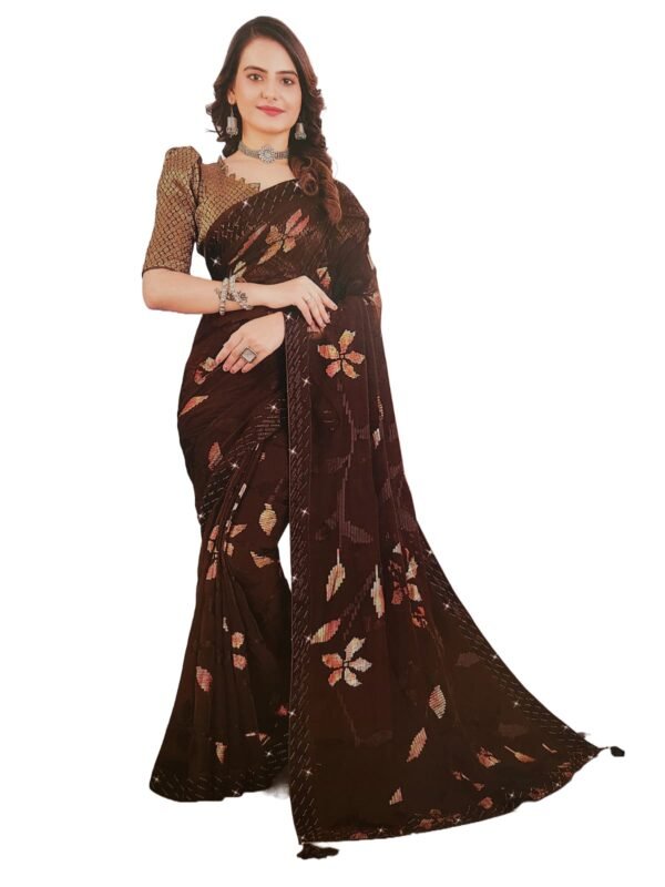 Soft Georgette Fancy sparkly Flower work with Embroidery on Border ,Saree With Satin Banglori Silk Unstitched Blouse Piece | Heavy Viscose Thread Work With Readymade stone Lace Fitting ,Mehroon color (Pack of one) - Image 2