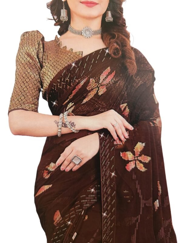 Soft Georgette Fancy sparkly Flower work with Embroidery on Border ,Saree With Satin Banglori Silk Unstitched Blouse Piece | Heavy Viscose Thread Work With Readymade stone Lace Fitting ,Mehroon color (Pack of one) - Image 5