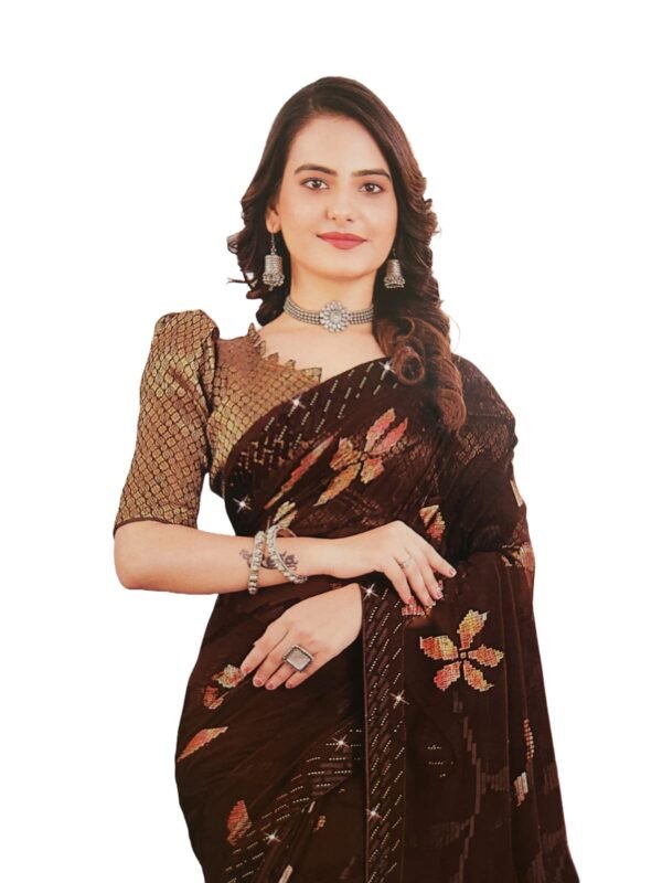Soft Georgette Fancy sparkly Flower work with Embroidery on Border ,Saree With Satin Banglori Silk Unstitched Blouse Piece | Heavy Viscose Thread Work With Readymade stone Lace Fitting ,Mehroon color (Pack of one)