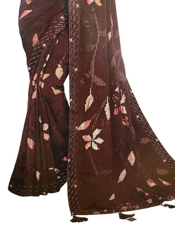 Soft Georgette Fancy sparkly Flower work with Embroidery on Border ,Saree With Satin Banglori Silk Unstitched Blouse Piece | Heavy Viscose Thread Work With Readymade stone Lace Fitting ,Mehroon color (Pack of one) - Image 4